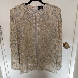 100% Silk Beaded Cream Evening Jacket Pearls and Glass Beads Bridal Cover